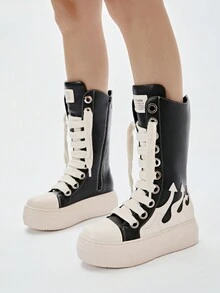 Zapatillas con plataforma bordada con llama, botas de combate deportivas, zapatillas casuales negras y blancas de moda para mujer, zapatillas deportivas, zapatos con cremallera y botas largas - Blanco y Negro - Ver 9