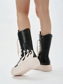 Zapatillas con plataforma bordada con llama, botas de combate deportivas, zapatillas casuales negras y blancas de moda para mujer, zapatillas deportivas, zapatos con cremallera y botas largas - Blanco y Negro - Ver 10