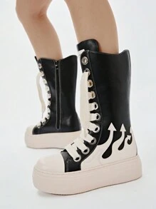 Zapatillas con plataforma bordada con llama, botas de combate deportivas, zapatillas casuales negras y blancas de moda para mujer, zapatillas deportivas, zapatos con cremallera y botas largas - Blanco y Negro - Ver 11