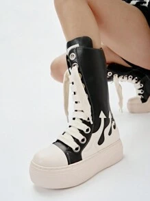 Zapatillas con plataforma bordada con llama, botas de combate deportivas, zapatillas casuales negras y blancas de moda para mujer, zapatillas deportivas, zapatos con cremallera y botas largas - Blanco y Negro - Ver 12