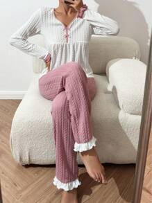 2pcs Women Pajama Set, Long Sleeve Top & Long Pants, Waffle Knit Fabric Striped, Comfortable Casual Loungewear
