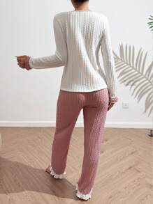 2pcs Women Pajama Set, Long Sleeve Top & Long Pants, Waffle Knit Fabric Striped, Comfortable Casual Loungewear