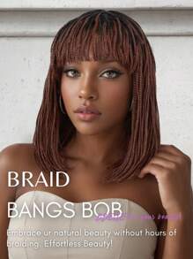 Peluca de trenzas bob trenzadas para mujer, peluca corta de trenzas cuadradas con flequillo, peluca sintética de trenzas marrones con raíces negras para mujeres afroamericanas