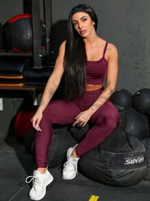 Women's Fitness Set Top And Sports Pants Perfect Workout Premium Fabric - 酒紅色 - 查看 5