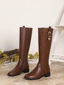 Women's Fashion Brown Knee-High Boots With Metal Buckle Decor, Comfortable Round Toe Chunky Heel Riding Boots For Fall And Winter - Brown - View 8