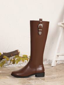 Women's Fashion Brown Knee-High Boots With Metal Buckle Decor, Comfortable Round Toe Chunky Heel Riding Boots For Fall And Winter - Brown - View 7