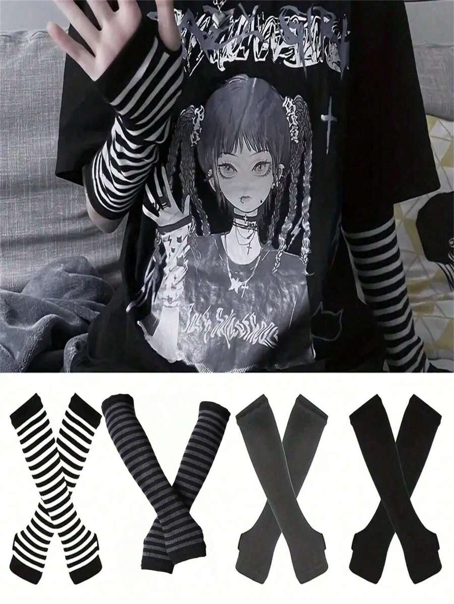 1 双/套男女通用朋克风格条纹针织露指手套,防晒和弹性,嘻哈装饰户外驾驶旅游手套 - 彩色 - 查看 1