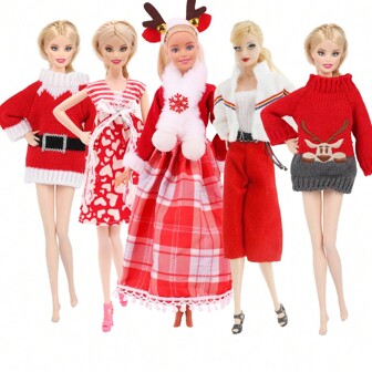 Juego de muñeca de atmósfera navideña de moda de 11.81 pulgadas, 5 piezas - incluye vestido elegante, accesorios de vestir casual, regalos navideños, decoración para casa de muñecas (muñeca no incluida)
