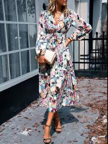Long Sleeve Dress Women Floral Pattern V-Neck Elegant - 綠色 - 查看 4