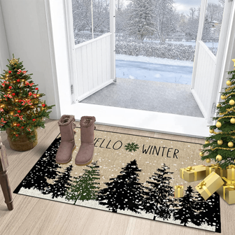 1pc 'Pine Trees Stand In The Snow, Hello Winter Christmas' Doormat, Indoor Mat, Throw Rug, Creative Door Mat, Entryway Themed Mat, Home Decor, Non-Slip Floor Rug Mat, Bedroom Accessories, Photo Props, Outdoor Decor, Throw Rug, Area Rug, Gift