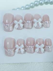 10 件纯手工制作中号杏仁形按压指甲，简约风格指甲，白色指甲法式尖头指甲，立体仿珍珠蝴蝶结指甲装饰，仿珍珠母螺纹指甲胶，凝胶指甲套装，春季指甲，夏季指甲，适合所有场合和衣服使用的假指甲，美甲，2025 新款指甲，指甲按压，欧美指甲，现代日本指甲美甲用品指甲 - Follow Your Heart - 查看 23