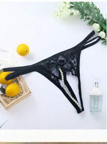 AB. Sexy Lace Bow Beaded Crotchless Thong - Black - View 2