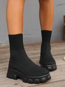 Women Spring Autumn Winter Elastic Knit Mid-Calf Boots, Casual High Top Breathable Thick Sole Outdoor Vacation Stitching Solid Color Comfortable Daily Non-Slip Outfits Party - Black - View 6