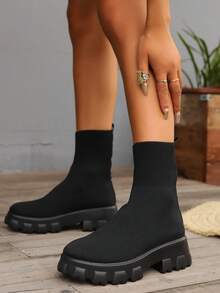 Women Spring Autumn Winter Elastic Knit Mid-Calf Boots, Casual High Top Breathable Thick Sole Outdoor Vacation Stitching Solid Color Comfortable Daily Non-Slip Outfits Party - Black - View 2