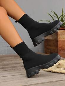 Women Spring Autumn Winter Elastic Knit Mid-Calf Boots, Casual High Top Breathable Thick Sole Outdoor Vacation Stitching Solid Color Comfortable Daily Non-Slip Outfits Party - Black - View 5