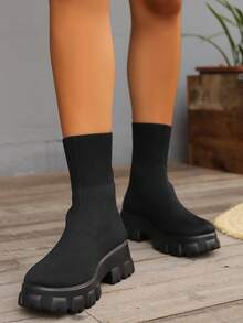 Women Spring Autumn Winter Elastic Knit Mid-Calf Boots, Casual High Top Breathable Thick Sole Outdoor Vacation Stitching Solid Color Comfortable Daily Non-Slip Outfits Party - Black - View 3