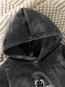 男宝宝秋冬新款舒适保暖双面抓绒恐龙刺绣图案长袖连帽连体衣 儿童冬季服装 - 灰色 - 查看 2