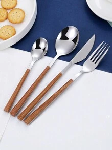 4/16/24 pièces Set de couverts en acier inoxydable, manche en plastique avec design imitation bois. Convient pour la maison, la cuisine, les fêtes, les mariages, les cadeaux de fêtes, la cuisine, les cadeaux de Noël, les fournitures scolaires
