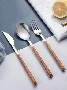 4/16/24 pièces Set de couverts en acier inoxydable, manche en plastique avec design imitation bois. Convient pour la maison, la cuisine, les fêtes, les mariages, les cadeaux de fêtes, la cuisine, les cadeaux de Noël, les fournitures scolaires