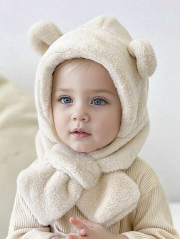 1pc Baby Cute Bear Plush Earflap Beanie Hat With Scarf, Thick Warm For Autumn/Winter, Unisex