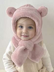 1pc Baby Cute Bear Plush Earflap Beanie Hat With Scarf, Thick Warm For Autumn/Winter, Unisex