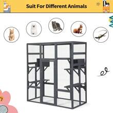 70Inches Large Spacious Wooden Catio Outdoor Cat Enclosure With Perches And Condos, Cat Cage Indoor With Waterproof Roof, 7 Platforms & 2 Resting Box, UV Resistant (Grey/Orange/Gothic) - Grey - View 11
