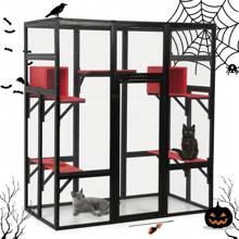 Catio de madera espacioso de 70 pulgadas para gatos al aire libre con perchas y condominios, jaula para gatos interior con techo impermeable, 7 plataformas y 2 cajas de descanso, resistente a rayos UV (gris/naranja/gótico) - Multicolor - Ver 5