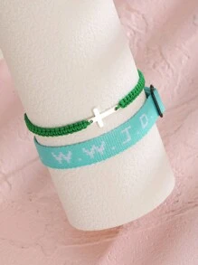 2pcs/Set Minimalist Stainless Steel Cross Bracelets & Wwjd Letter What Would Jesus Do Christian Jewelry Jacquard Knit Wristband Bracelet Set For Women For Party Jewelry