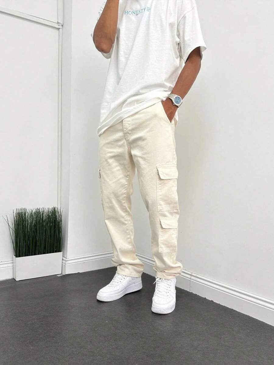 Men's Casual Loose Fit Straight Leg Jeans With Multiple Pockets, Fashion Workwear Streetwear - Beige - View 1
