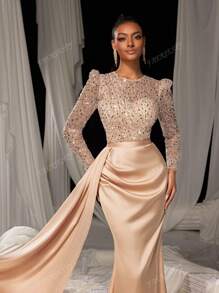 Faeriesty Elegant Sequin Mermaid Evening Gown With Floor-Length Satin Skirt | Luxurious Elegant Formal Design | Perfect For Weddings, Galas, Red-Carpet Events, And Formal Dinners​