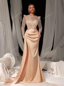 Faeriesty Elegant Sequin Mermaid Evening Gown With Floor-Length Satin Skirt | Luxurious Elegant Formal Design | Perfect For Weddings, Galas, Red-Carpet Events, And Formal Dinners​