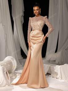 Faeriesty Elegant Sequin Mermaid Evening Gown With Floor-Length Satin Skirt | Luxurious Elegant Formal Design | Perfect For Weddings, Galas, Red-Carpet Events, And Formal Dinners​