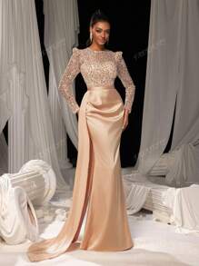 Faeriesty Elegant Sequin Mermaid Evening Gown With Floor-Length Satin Skirt | Luxurious Elegant Formal Design | Perfect For Weddings, Galas, Red-Carpet Events, And Formal Dinners​