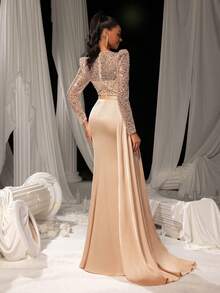 Faeriesty 女士优雅亮片美人鱼晚礼服，搭配缎面裙摆 | 奢华精致设计 | 完美适用于婚礼、盛大晚宴、红毯活动、正式晚宴以及夏季度假派对等场合 - 香檳色 - 查看 3