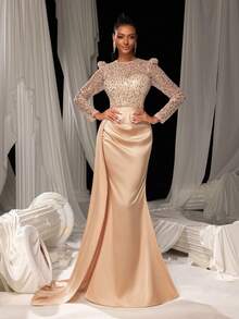 Faeriesty 女士优雅亮片美人鱼晚礼服，搭配缎面裙摆 | 奢华精致设计 | 完美适用于婚礼、盛大晚宴、红毯活动、正式晚宴以及夏季度假派对等场合 - 香檳色 - 查看 4