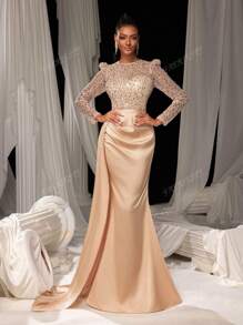 Faeriesty Elegant Sequin Mermaid Evening Gown With Floor-Length Satin Skirt | Luxurious Elegant Formal Design | Perfect For Weddings, Galas, Red-Carpet Events, And Formal Dinners​