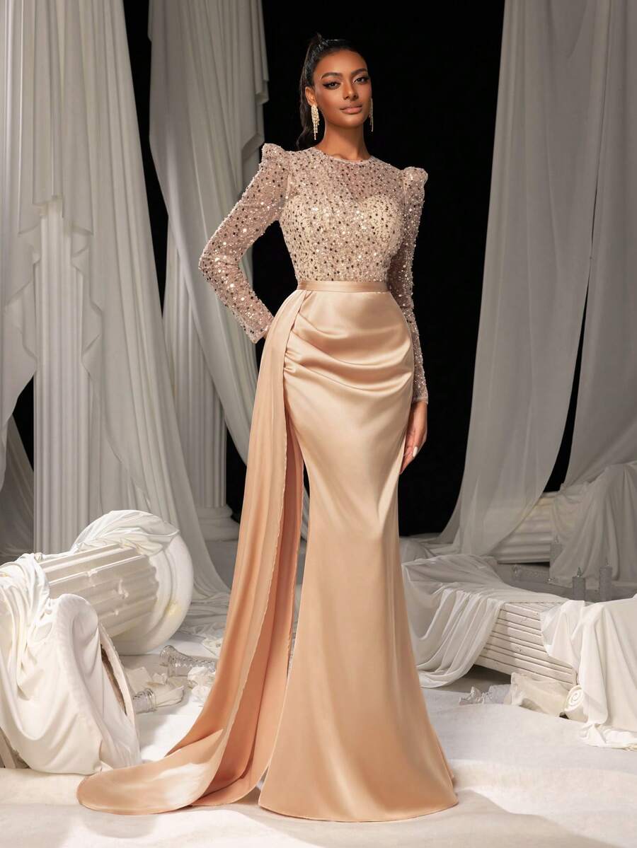 Faeriesty 女士优雅亮片美人鱼晚礼服，搭配缎面裙摆 | 奢华精致设计 | 完美适用于婚礼、盛大晚宴、红毯活动、正式晚宴以及夏季度假派对等场合