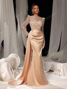 Faeriesty Elegant Sequin Mermaid Evening Gown With Floor-Length Satin Skirt | Luxurious Elegant Formal Design | Perfect For Weddings, Galas, Red-Carpet Events, And Formal Dinners​