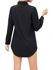 HELYO Tops Women's Autumn And Winter Solid Color Casual Chiffon Woven Button Bottom Long Shirt - Black - View 2