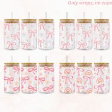 4pcs Conquette Pink Bow UV Dtf Cup Wraps Transfer Sticker For 16oz Glass Cup Waterproof & Scratch-Resistent UV Dtf Wraps Decal For Mug Tumbler Laptop DIY Craft Decorations Back To School