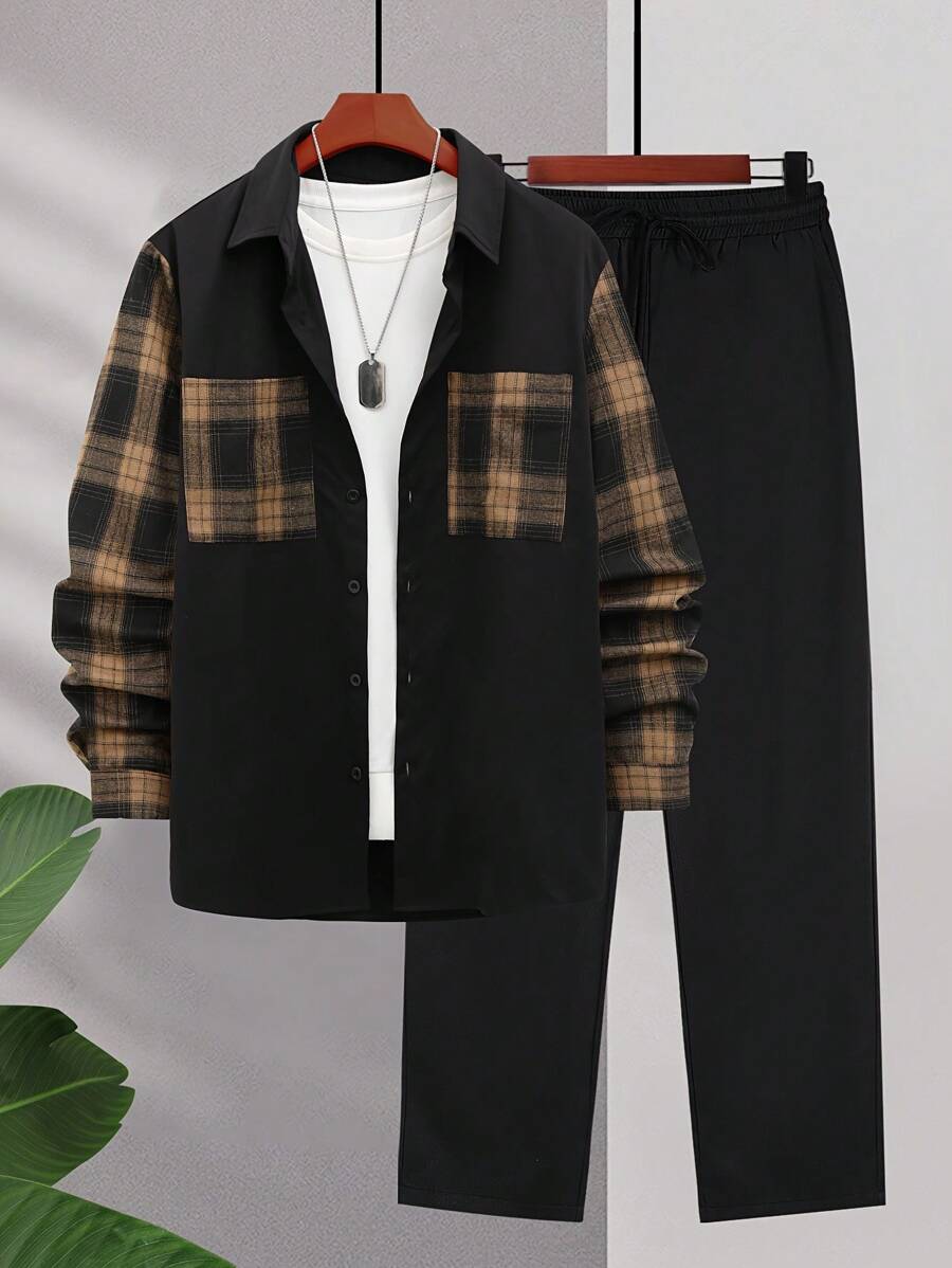 Conjunto de 2 peças de camisa de manga comprida com patchwork de cor contrastante masculina e calças casuais com cordão