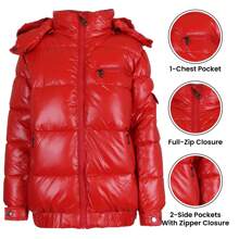 Chaqueta de burbuja con cremallera completa y capucha desmontable de piel sintética para mujer - Rojo - Ver 3