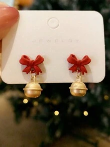 1pc Christmas Red Bow Bell Stud Earrings, Small And Fashionable New Year Gift And Christmas Decoration