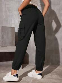 1pc Tween Girl Casual Straight Leg Drawstring Pants With Pockets, Spring Autumn - Black - View 4