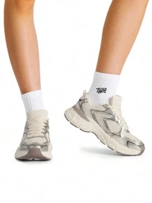 Women Platform Sneakers Fashion 2.35 Inch Chunky Heel Lace-Up Y2K-Style Sneakers Comfortable Tennis Lightweight Breathable Mesh Walking Casual Shoes - 香檳色 - 查看 4