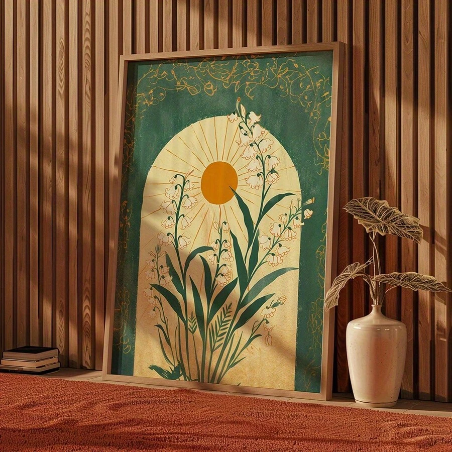 Tranh in nghệ thuật vải canvas Mystical Valley Lily & Emerald Sun - Trang trí tường theo phong cách cổ điển với tinh thần hoa, áp phích cây Boho không khung cho phòng khách, phòng ngủ, văn phòng tại nhà - A - Xem 1