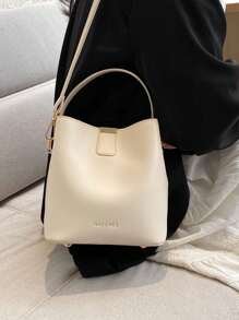 Fashionable Mini Litchi Grain Solid Color Elegant Casual Tote Shoulder Bucket Bag - Beige - View 7