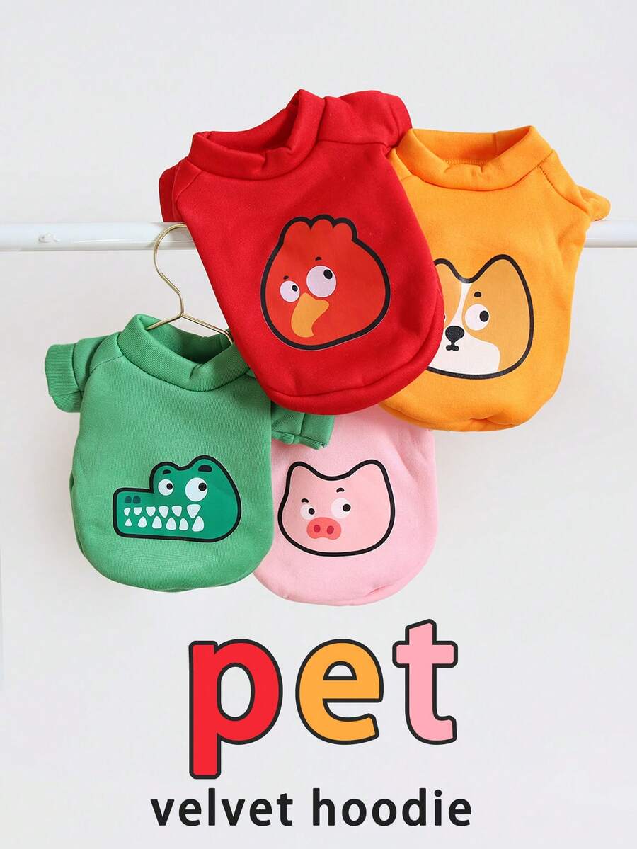 新品上市可爱动物印花圆领保暖内衬猫狗保暖运动衫，适合秋冬季宠物 - 紅色 - 查看 1