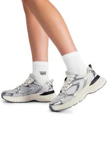 Women Platform Sneakers Fashion 2.35 Inch Chunky Heel Lace-Up Y2K-Style Sneakers Comfortable Tennis Lightweight Breathable Mesh Walking Casual Shoes - 銀色 - 查看 5