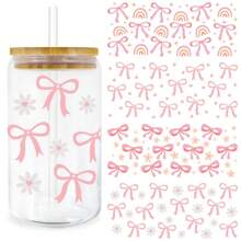 4pcs Conquette Pink Bow UV Dtf Cup Wraps Transfer Sticker For 16oz Glass Cup Waterproof & Scratch-Resistent UV Dtf Wraps Decal For Mug Tumbler Laptop DIY Craft Decorations Back To School